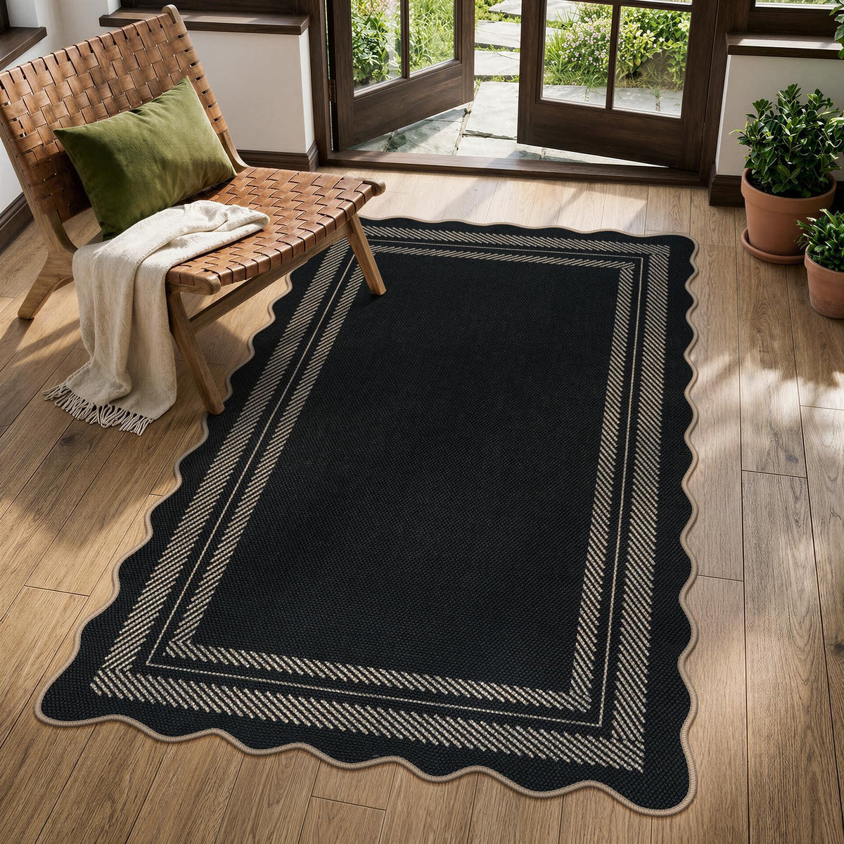 LIVEBOX Scalloped Easy Jute 3x5 Outdoor Rug, Washable Non-Slip Geometric Tan Rugs for Entryway, Indoor Outdoor Farmhouse Rug Modern Carpet Door Mat Area Rug for Patio Bedroom Living Room Kitchen Porch