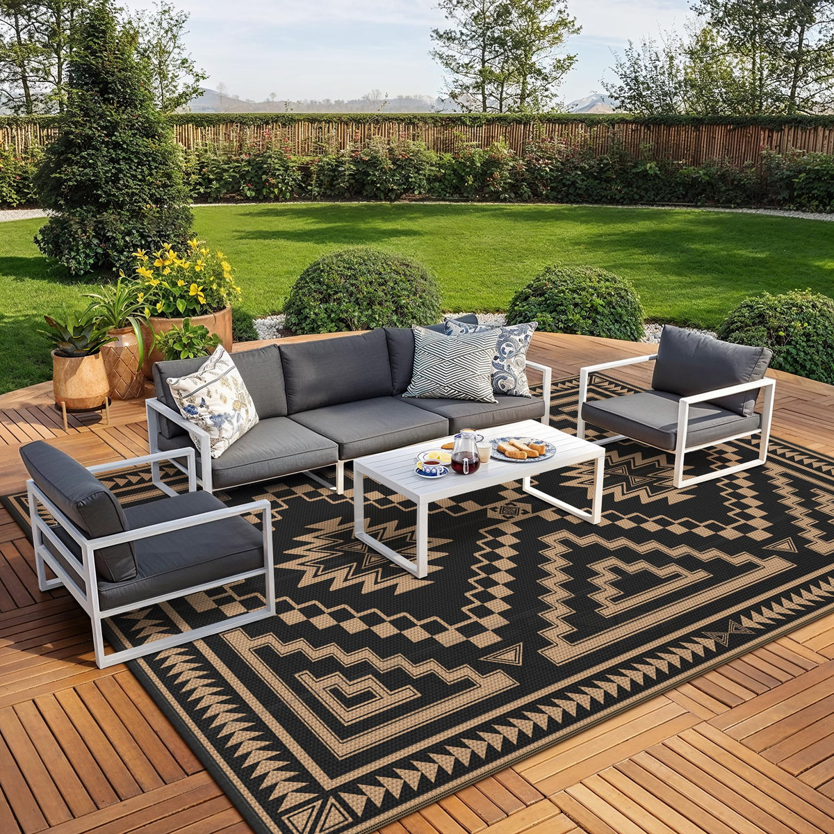 GENIMO Outdoor Rug, Waterproof Plastic Rugs for Patio, 5'x8' Black Grey
