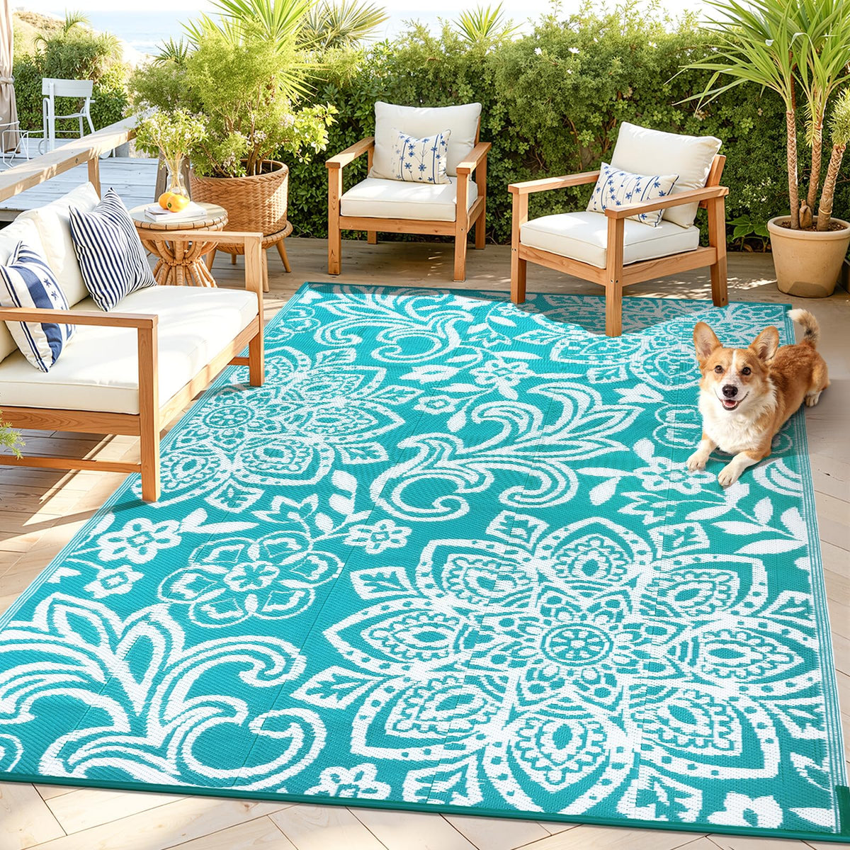 Findosom Waterproof Outdoor Rug 6' x 9' - Reversible Mandala Outdoor Plastic Straw Rug, Durable Foldable Patio Rug for RV, Deck, Balcony, Backyard, Picnic, Porch, Camping, Beach, Gray