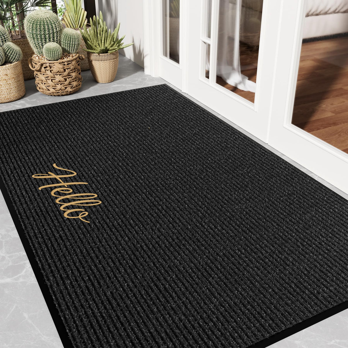 Front Door Mat, 3' x 5' Heavy Duty Door Mat Outside Entrance, Non-Slip Welcome Mat, Absorbent & Dirt Resistant, Low Profile Large Door Mats, Commercial Rugs for Entryway Indoor Outdoor, Grey
