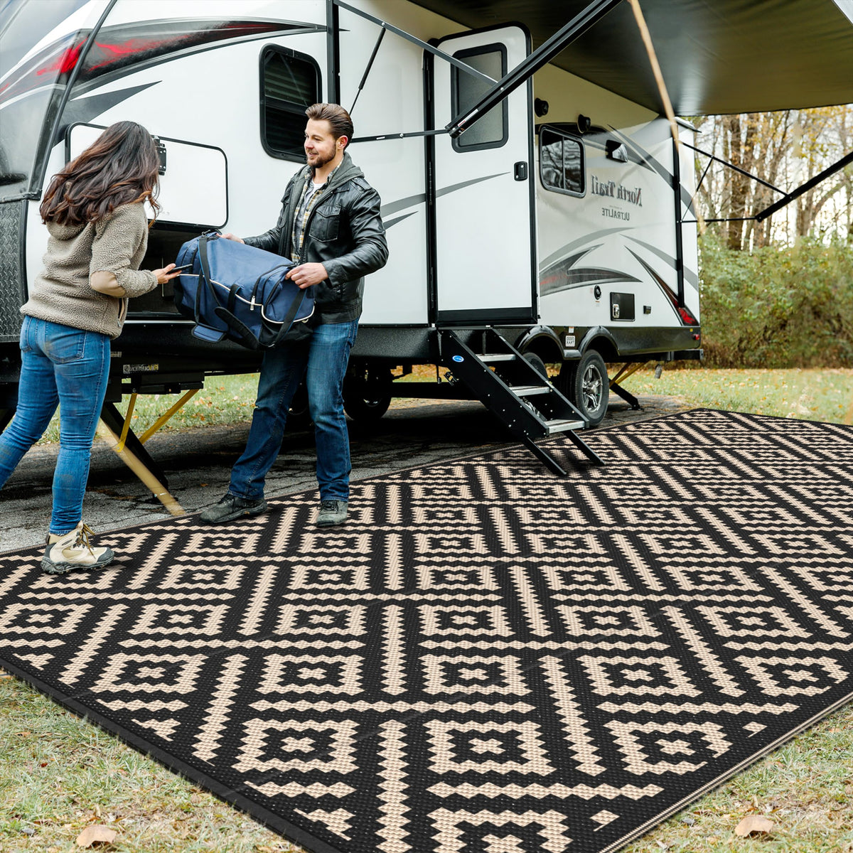 GENIMO Outdoor Rug, Waterproof Plastic Rugs for Patio, 5'x8' Black Grey