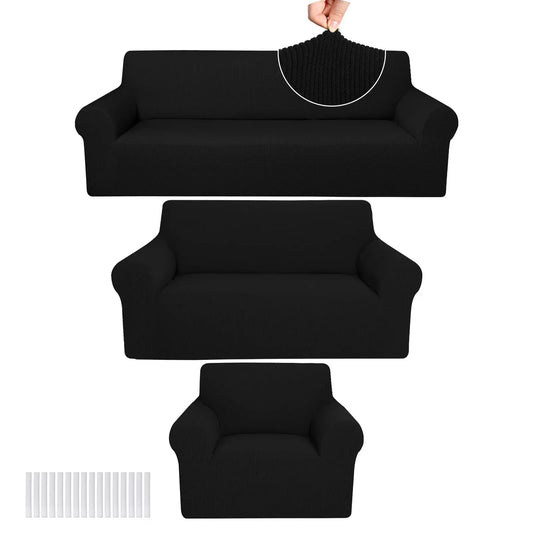 Classic 3-Pc Stretch Universal Sofa Protector Set - 3-Seater Couch Cover for Sofa with Armchair Covers, Anti-Slip Elastic Polyester-Spandex, Skin-Friendly Full Coverage, Wrinkle Resistant, Machine Washable, All-Season, Local Warehouse Gift for Parents, 3-