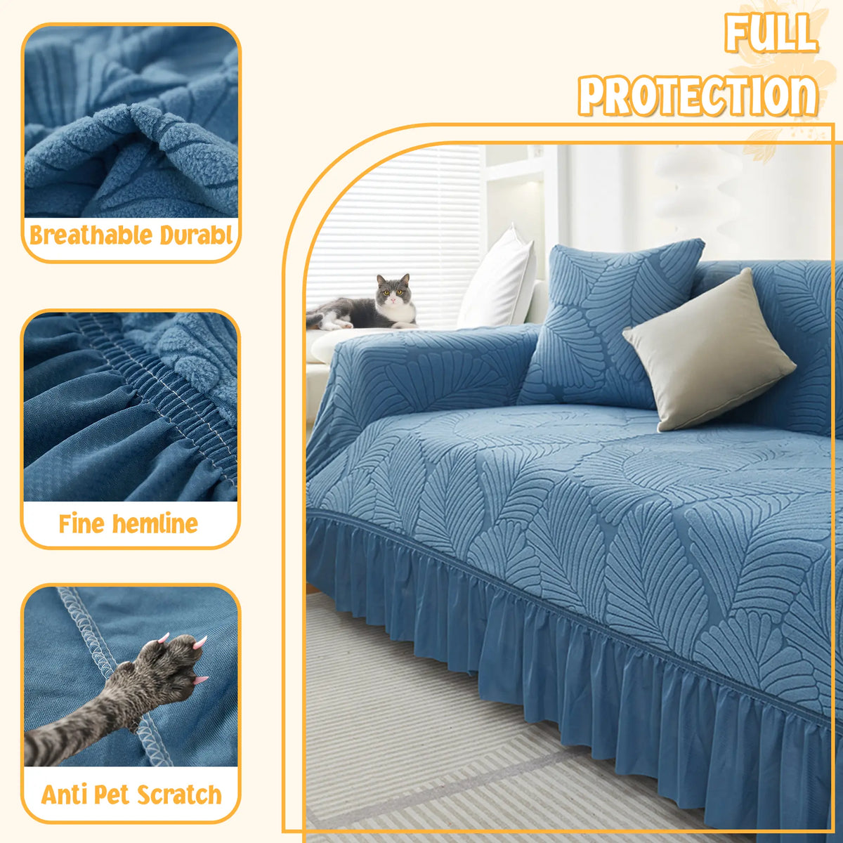 Raybee 1-4 Seat Elastic Sofa Protector Cover with Skirt, Fully Covered Dustproof Sofa Couch Bench Cover, Pet Friendly Stretch Slip Cover Durable Stretchable Sofa Protection Ideas, Machine Washable Universal Furniture Protector, Living Room