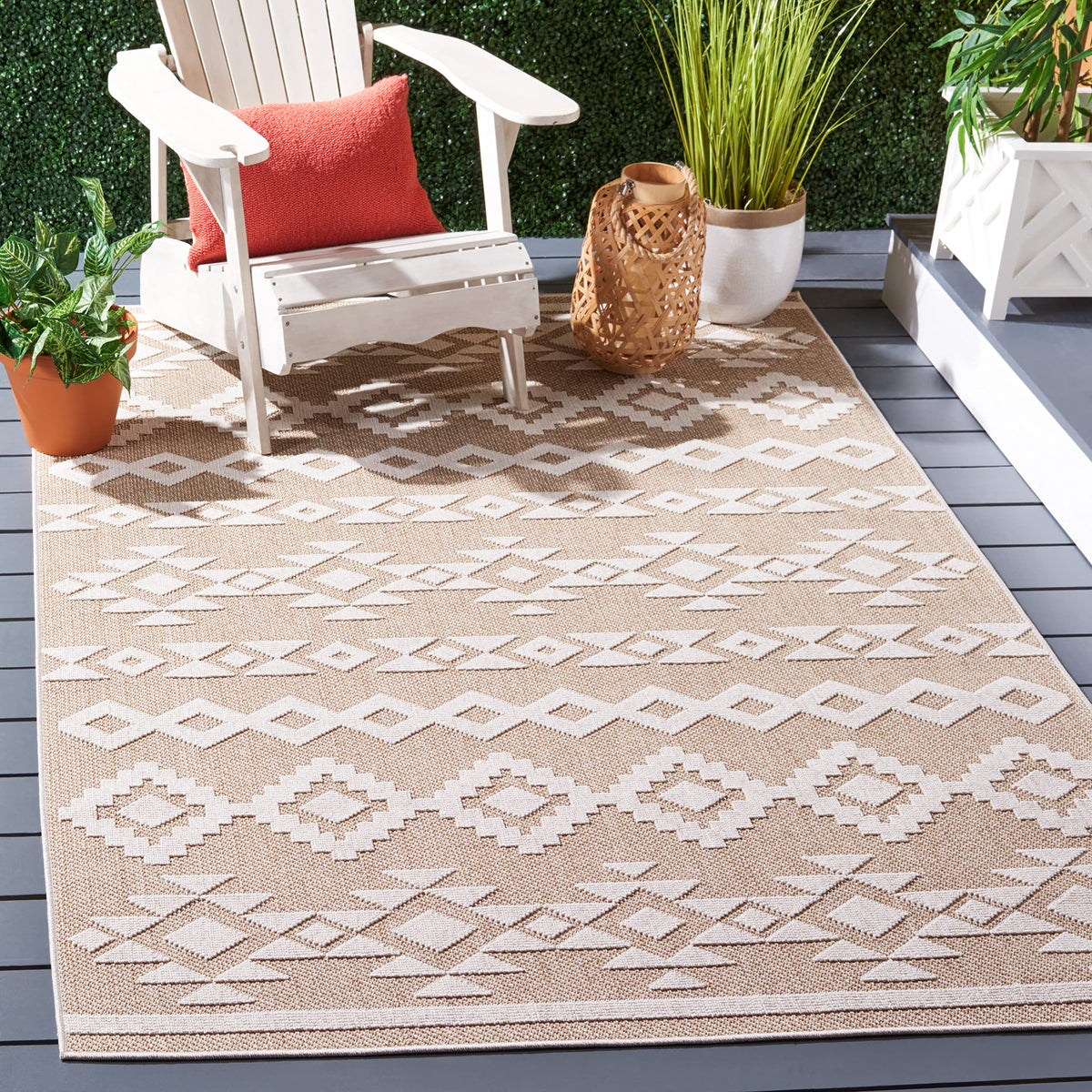 SAFAVIEH Washable Rug Outdoor Global Collection - 8' x 10', Beige & Ivory, Non-Shedding & Easy to Clean, Ideal for Patio, Backyard, Mudroom (GLB210C)
