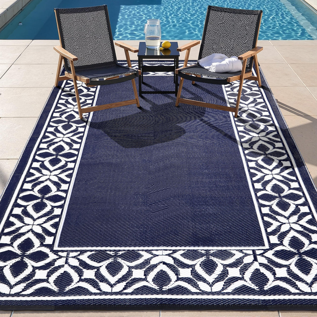 PureCozy 10x14 Outdoor Rug Black Beige Geometric