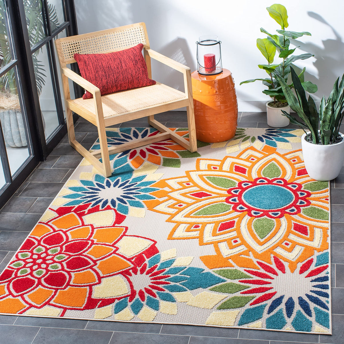 SAFAVIEH Washable Rug Outdoor Cabana Collection - 8' x 10', Ivory & Orange, Non-Shedding & Easy to Clean, Ideal for Patio, Backyard, Mudroom (CBN328A)