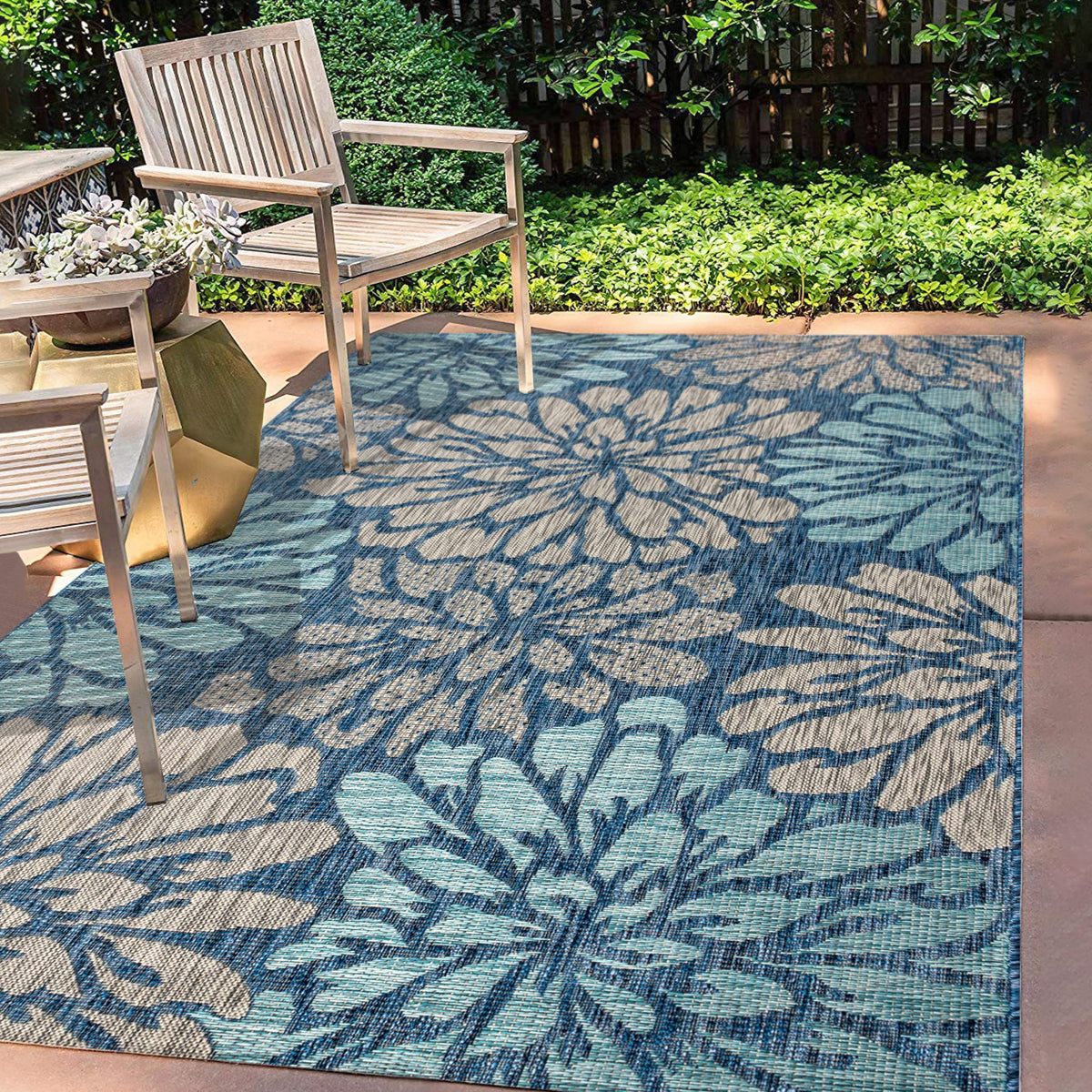 JONATHAN Y Floral Textured Weave Indoor Outdoor Area Rug 8X10 Navy/Green, Zinnia Modern for Backyard, Patio, Porch, Easy-Cleaning, High Traffic, Pet-Friendly, Non-Shedding (SMB110B-8)
