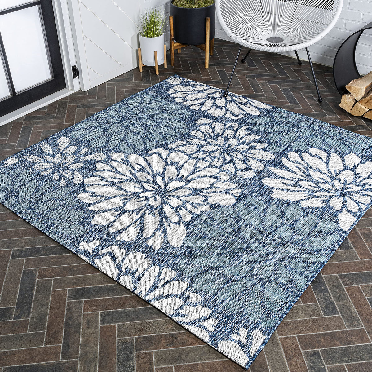 JONATHAN Y Floral Textured Weave Indoor Outdoor Area Rug 8X10 Navy/Green, Zinnia Modern for Backyard, Patio, Porch, Easy-Cleaning, High Traffic, Pet-Friendly, Non-Shedding (SMB110B-8)