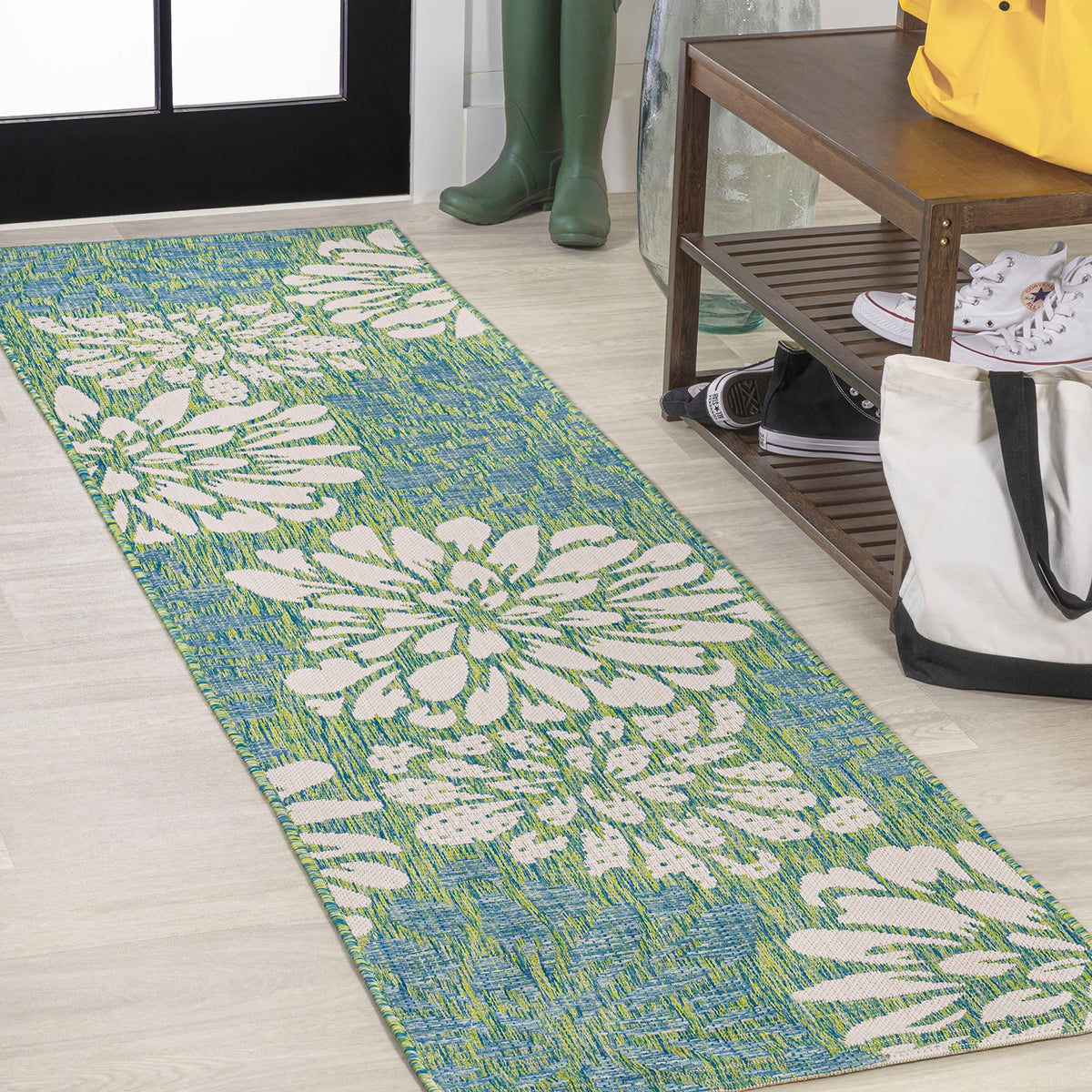 JONATHAN Y Floral Textured Weave Indoor Outdoor Area Rug 8X10 Navy/Green, Zinnia Modern for Backyard, Patio, Porch, Easy-Cleaning, High Traffic, Pet-Friendly, Non-Shedding (SMB110B-8)