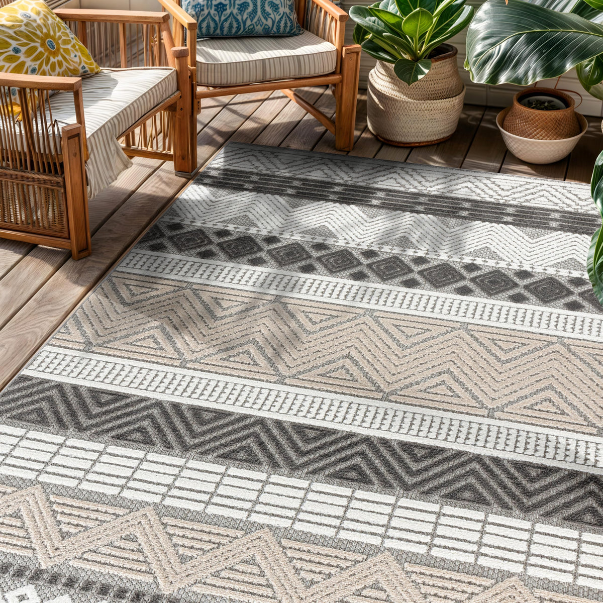 Rugshop Marbella Indoor/Outdoor Contemporary Boho Area Rug Gray 7'10" x 10'