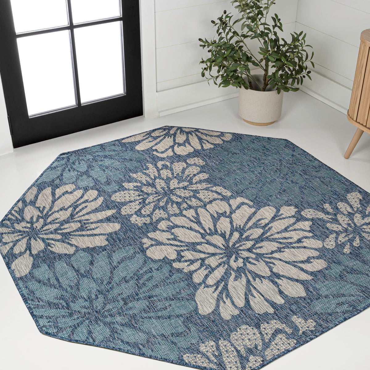 JONATHAN Y Floral Textured Weave Indoor Outdoor Area Rug 8X10 Navy/Green, Zinnia Modern for Backyard, Patio, Porch, Easy-Cleaning, High Traffic, Pet-Friendly, Non-Shedding (SMB110B-8)