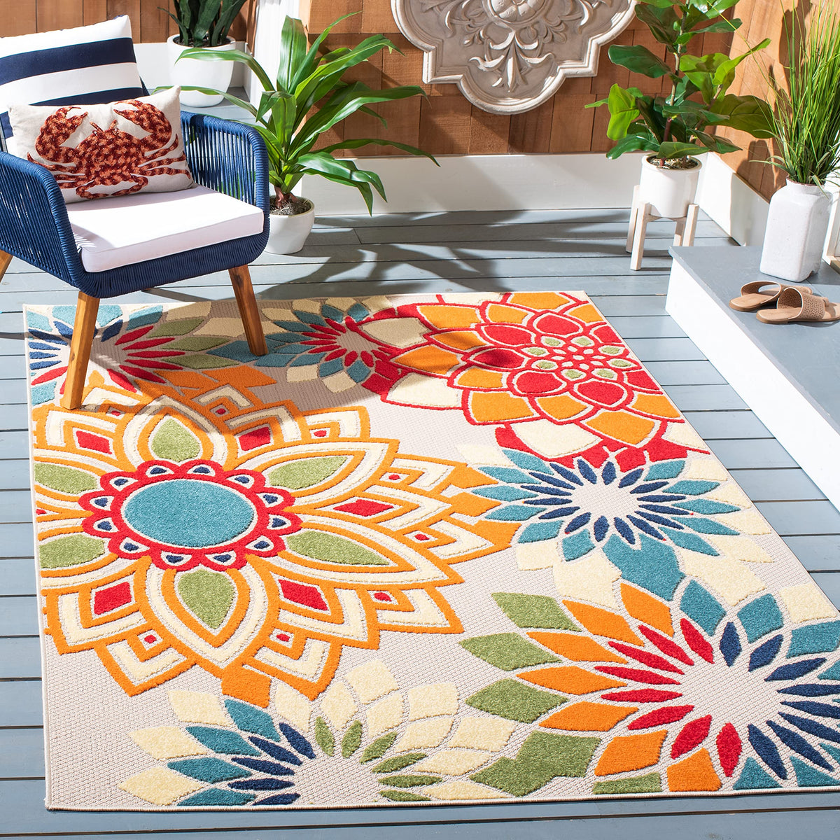 SAFAVIEH Washable Rug Outdoor Cabana Collection - 8' x 10', Ivory & Orange, Non-Shedding & Easy to Clean, Ideal for Patio, Backyard, Mudroom (CBN328A)