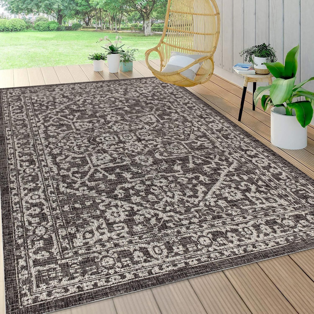 JONATHAN Y Boho Medallion Indoor Outdoor Area Rug 8X10 Black/Gray, Malta Textured Weave for Backyard, Patio, Porch, Easy-Cleaning, High Traffic, Pet-Friendly, Non-Shedding (SMB104C-8)