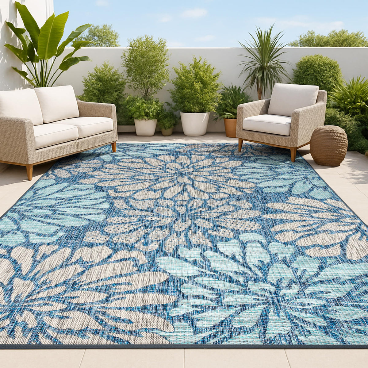 JONATHAN Y Floral Textured Weave Indoor Outdoor Area Rug 8X10 Navy/Green, Zinnia Modern for Backyard, Patio, Porch, Easy-Cleaning, High Traffic, Pet-Friendly, Non-Shedding (SMB110B-8)