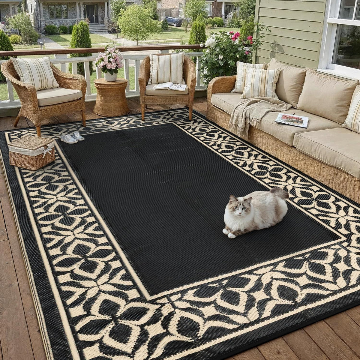 PureCozy 10x14 Outdoor Rug Black Beige Geometric