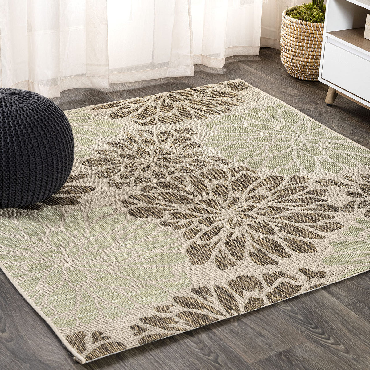 JONATHAN Y Floral Textured Weave Indoor Outdoor Area Rug 8X10 Navy/Green, Zinnia Modern for Backyard, Patio, Porch, Easy-Cleaning, High Traffic, Pet-Friendly, Non-Shedding (SMB110B-8)
