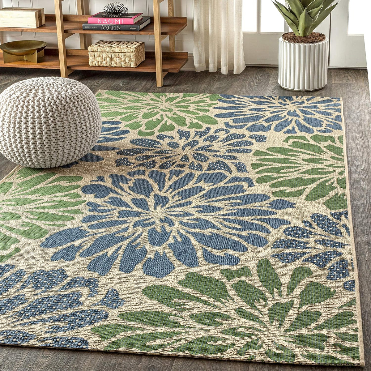 JONATHAN Y Floral Textured Weave Indoor Outdoor Area Rug 8X10 Navy/Green, Zinnia Modern for Backyard, Patio, Porch, Easy-Cleaning, High Traffic, Pet-Friendly, Non-Shedding (SMB110B-8)