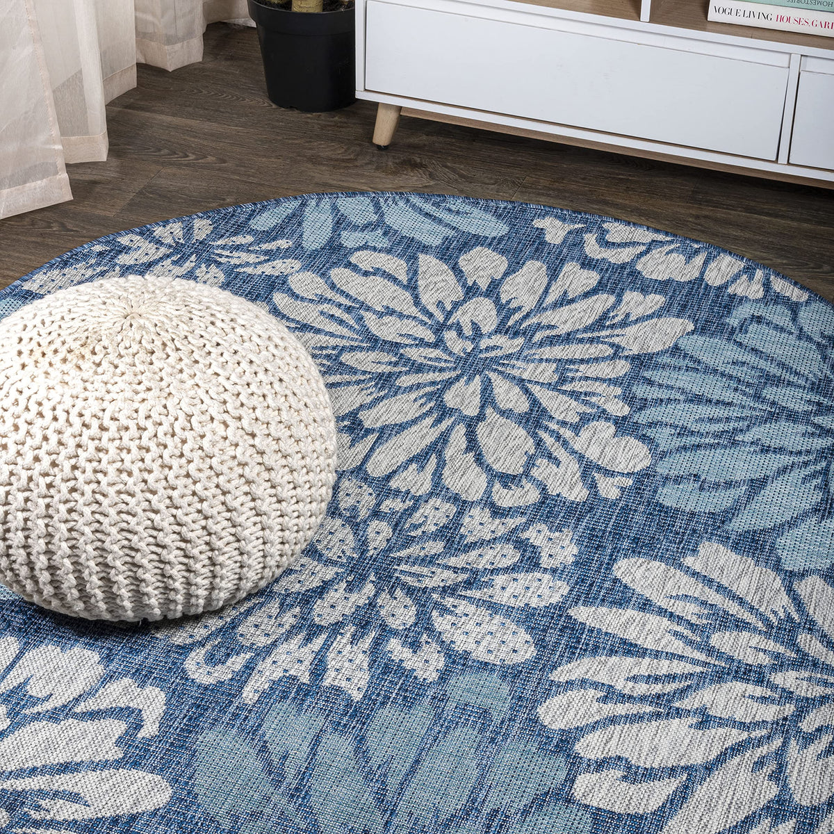 JONATHAN Y Floral Textured Weave Indoor Outdoor Area Rug 8X10 Navy/Green, Zinnia Modern for Backyard, Patio, Porch, Easy-Cleaning, High Traffic, Pet-Friendly, Non-Shedding (SMB110B-8)