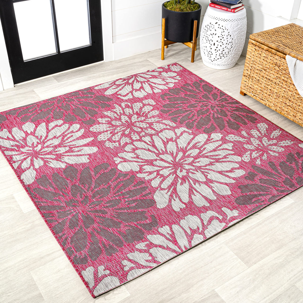 JONATHAN Y Floral Textured Weave Indoor Outdoor Area Rug 8X10 Navy/Green, Zinnia Modern for Backyard, Patio, Porch, Easy-Cleaning, High Traffic, Pet-Friendly, Non-Shedding (SMB110B-8)