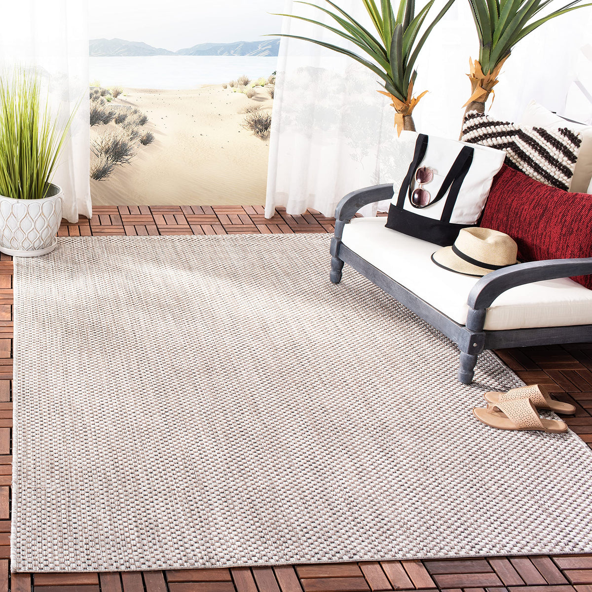 SAFAVIEH Washable Rug Outdoor Courtyard Collection - 8' x 10', Natural & Cream, Non-Shedding & Easy Cleaning, Ideal for Patio, Backyard, Mudroom, DIning Space (CY8521-03012)
