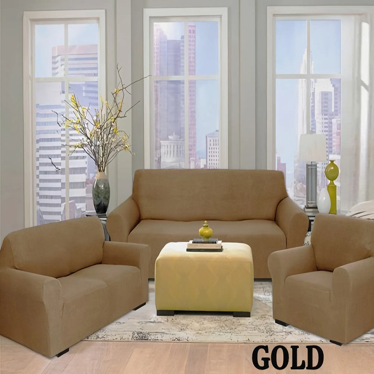 Classic 3-Pc Stretch Universal Sofa Protector Set - 3-Seater Couch Cover for Sofa with Armchair Covers, Anti-Slip Elastic Polyester-Spandex, Skin-Friendly Full Coverage, Wrinkle Resistant, Machine Washable, All-Season, Local Warehouse Gift for Parents, 3-