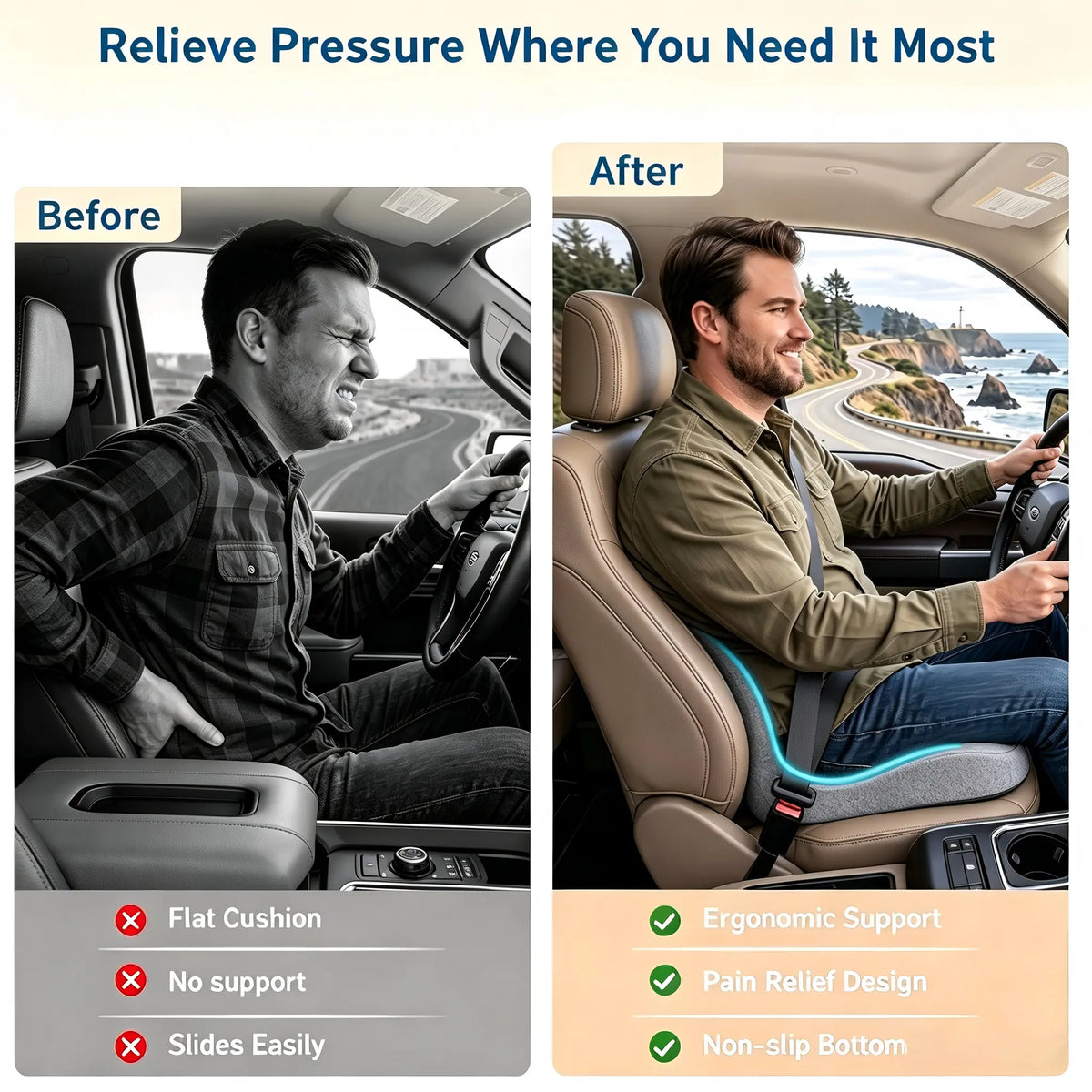 Ergonomic Car Seat Cushion for Driver, Memory Foam Seat Cushion Non-Slip Bottom, Comfort Support for Car, Truck, Office Chair, Long Sitting Driving