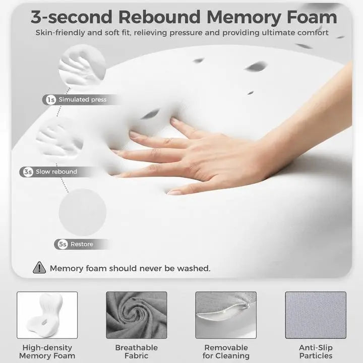 Orthopedic Memory Foam Seat Cushion - Quick Rebound Coccyx Tailbone Support Pillow for Back Pain & Sciatica Relief, Anti-Slip Removable Washable Cover, Ideal for Car, Office Desk Chair, Wheelchair