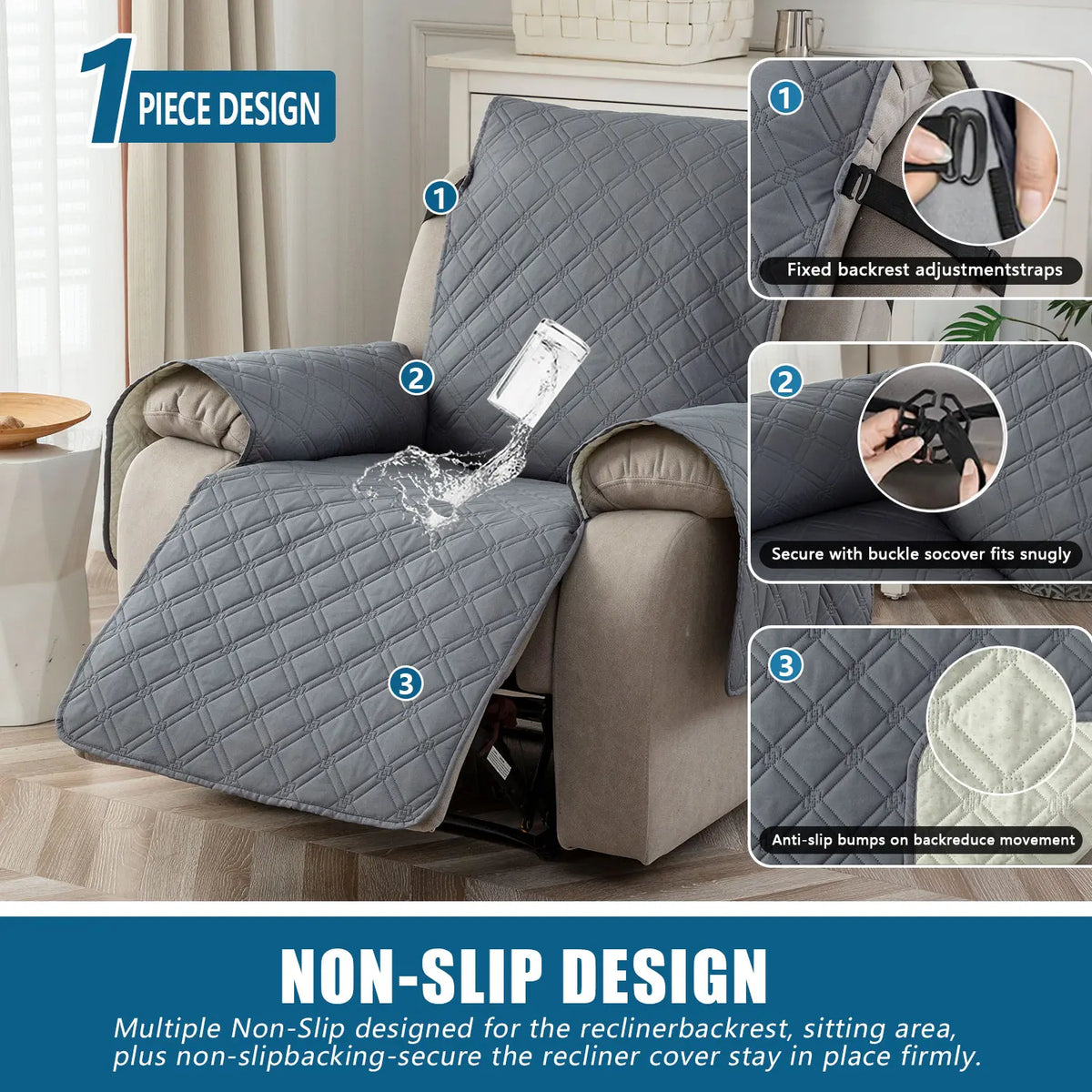Waterproof Recliner Chair Cover, Non-Slip Reclining Cover, Washable Sofa Slipcover with Elastic Straps for Pets, Dust-proof Couch Protector,sohochic