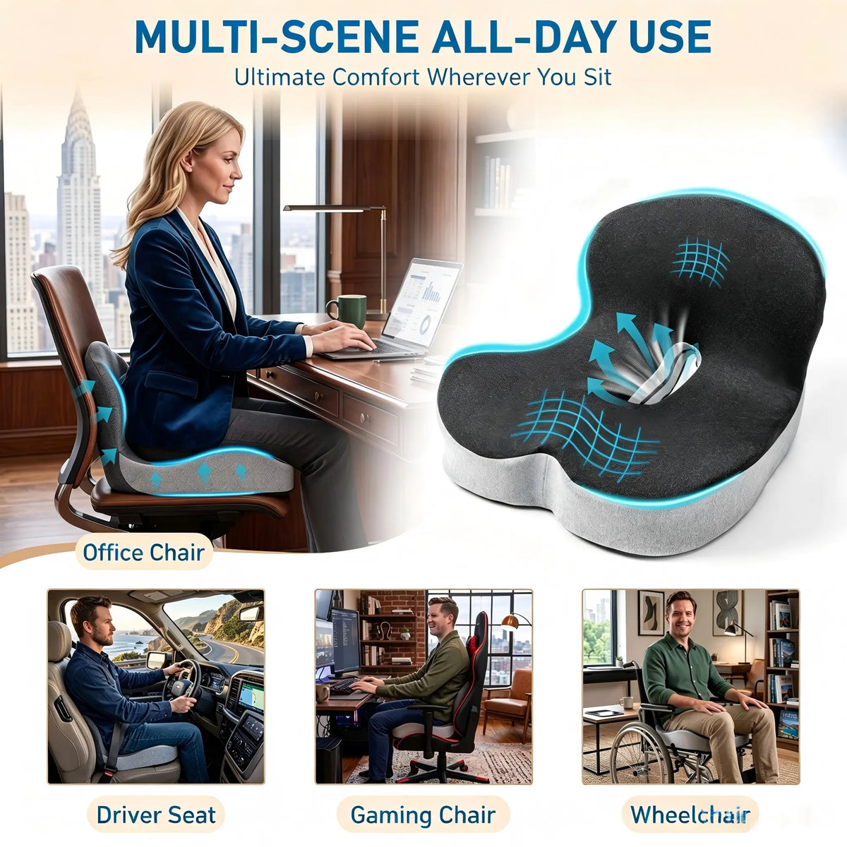 Ergonomic Car Seat Cushion for Driver, Memory Foam Seat Cushion Non-Slip Bottom, Comfort Support for Car, Truck, Office Chair, Long Sitting Driving