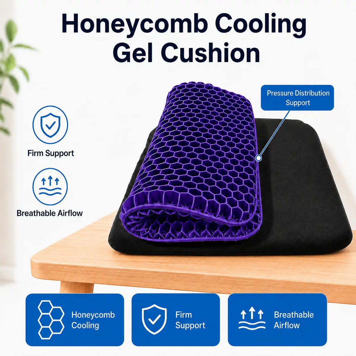 Honeycomb Structure Gel Seat Cushion - Ergonomic Tailbone & Hip Support, Thick Cooling Breathable Fabric Pad, Weight Distribution, Long Sitting Support, Non-Slip Washable Cover for Office Chair, Wheelchair,sohochic