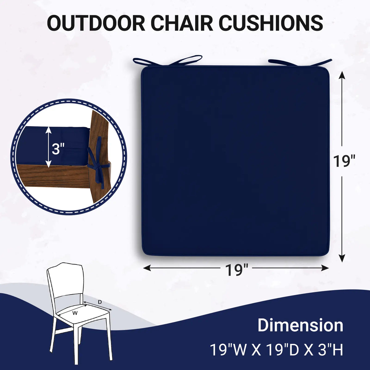 【Back to School】Downluxe Waterproof Outdoor Chair Cushions, Patio Chair Cushion with Non-Slip Ties & Handle, Square Outdoor Cushion for Patio Furniture with Removable Cover, 19" x 19" x 3",dorm essentials,home decor,home essentials,sohochic