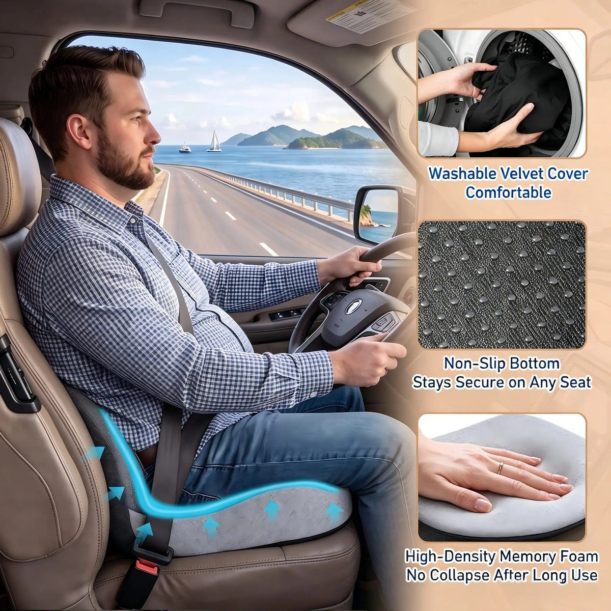 Ergonomic Car Seat Cushion for Driver, Memory Foam Seat Cushion Non-Slip Bottom, Comfort Support for Car, Truck, Office Chair, Long Sitting Driving