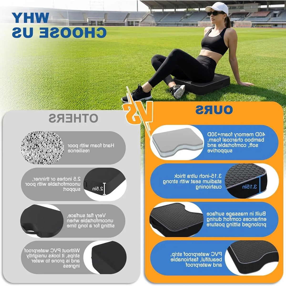 2 Pack Extra Thick Stadium Bleacher Seat Cushions - 3.15" Portable Waterproof Outdoor Chair Pads with Memory Foam & Massage Dots for Sporting Events, Travel, CampingGift