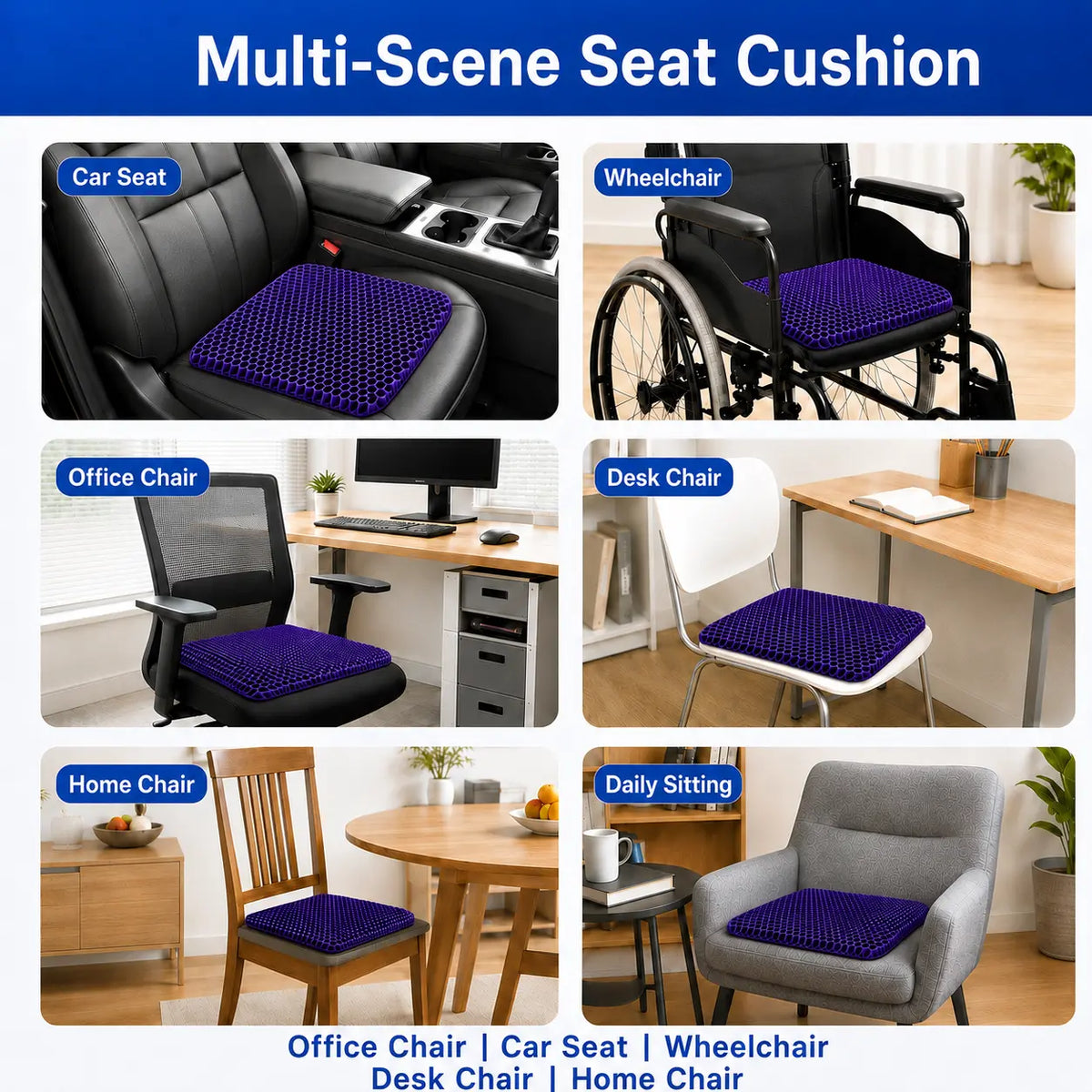 Honeycomb Structure Gel Seat Cushion - Ergonomic Tailbone & Hip Support, Thick Cooling Breathable Fabric Pad, Weight Distribution, Long Sitting Support, Non-Slip Washable Cover for Office Chair, Wheelchair,sohochic