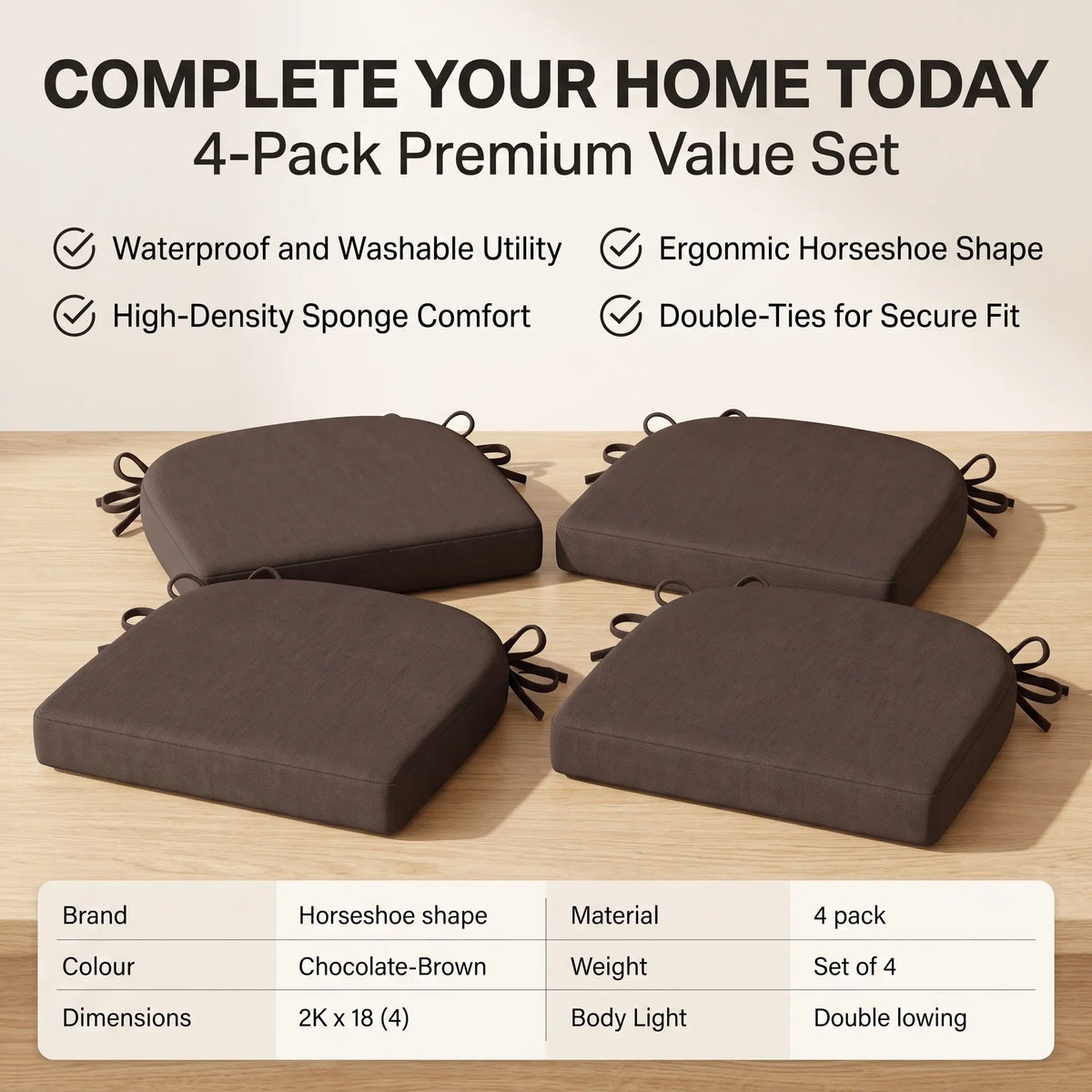 4-Pack Memory Foam Chair Cushions, Waterproof Dining Seat Pads with Ties – 17.3" Kitchen Chair Cushion with Non-Slip Base,sohochic