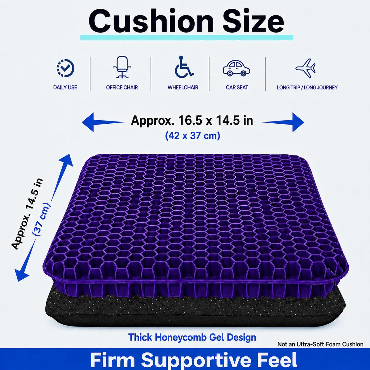 Honeycomb Structure Gel Seat Cushion - Ergonomic Tailbone & Hip Support, Thick Cooling Breathable Fabric Pad, Weight Distribution, Long Sitting Support, Non-Slip Washable Cover for Office Chair, Wheelchair,sohochic