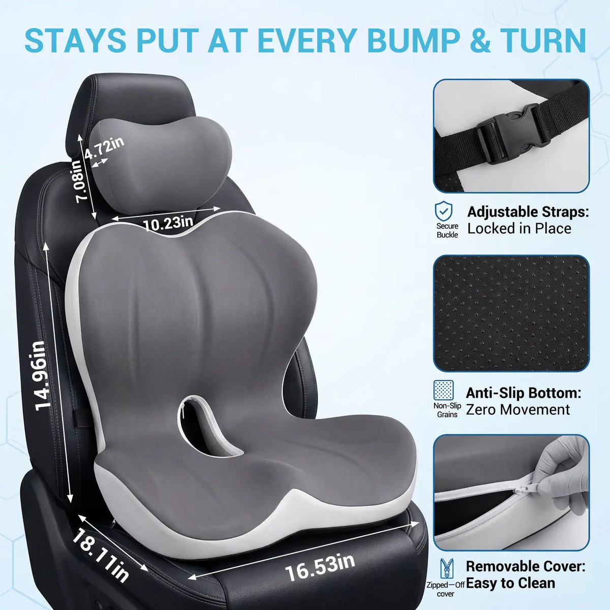 Ergonomic Memory Foam Seat Cushion and Neck Headrest | Relieve Hip Back Pain, High Density Lumbar Support for Office Chair Car Wheelchair, Breathable Washable Non Slip Cover, Grey White Color
